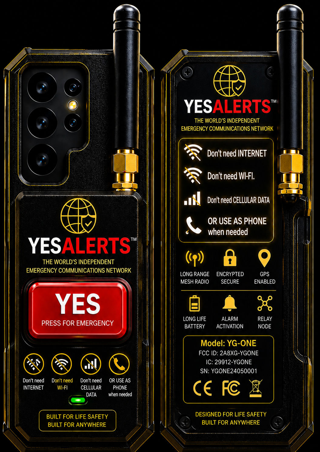 YES Alerts YG-ONE emergency communications device, front and back, showing the red press-for-emergency button and independent mesh radio features