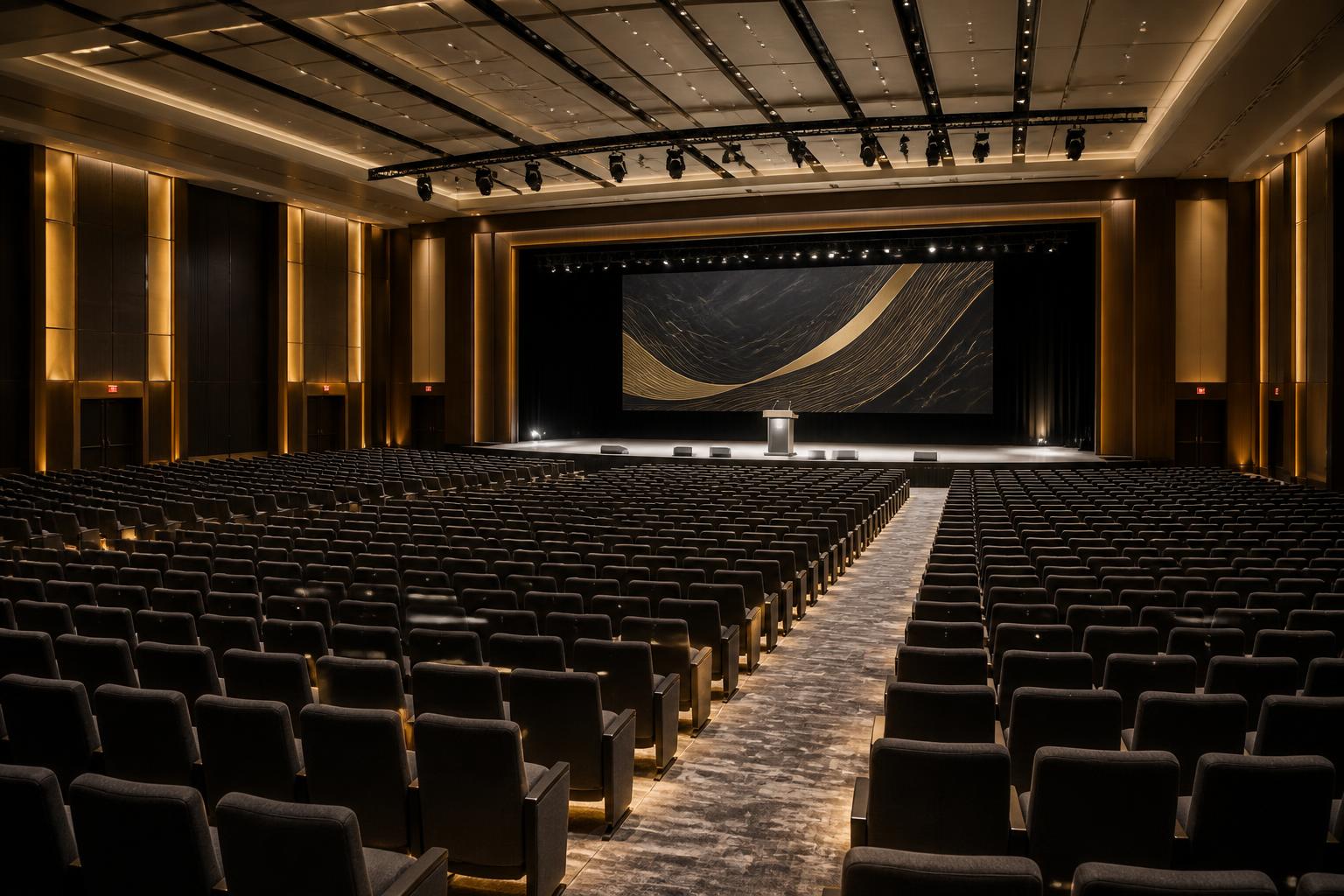 Concept view of the Level 1 auditorium with raked seating, conference podium and stage lighting